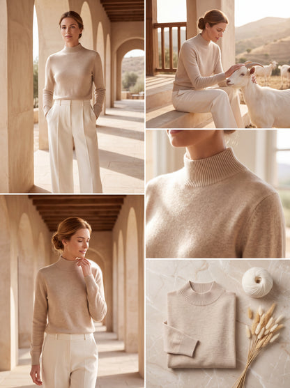 Alashan Undyed Cashmere Mock Neck Sweater - Classic Fitted Ribbed Mock Knit Top