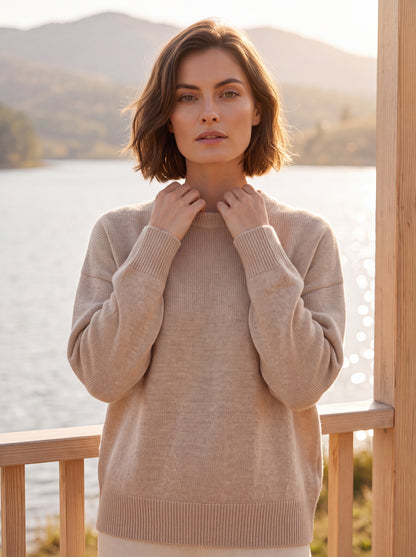 Alashan Undyed Cashmere Relaxed Crewneck Sweater - Dropped Shoulder Knit Top