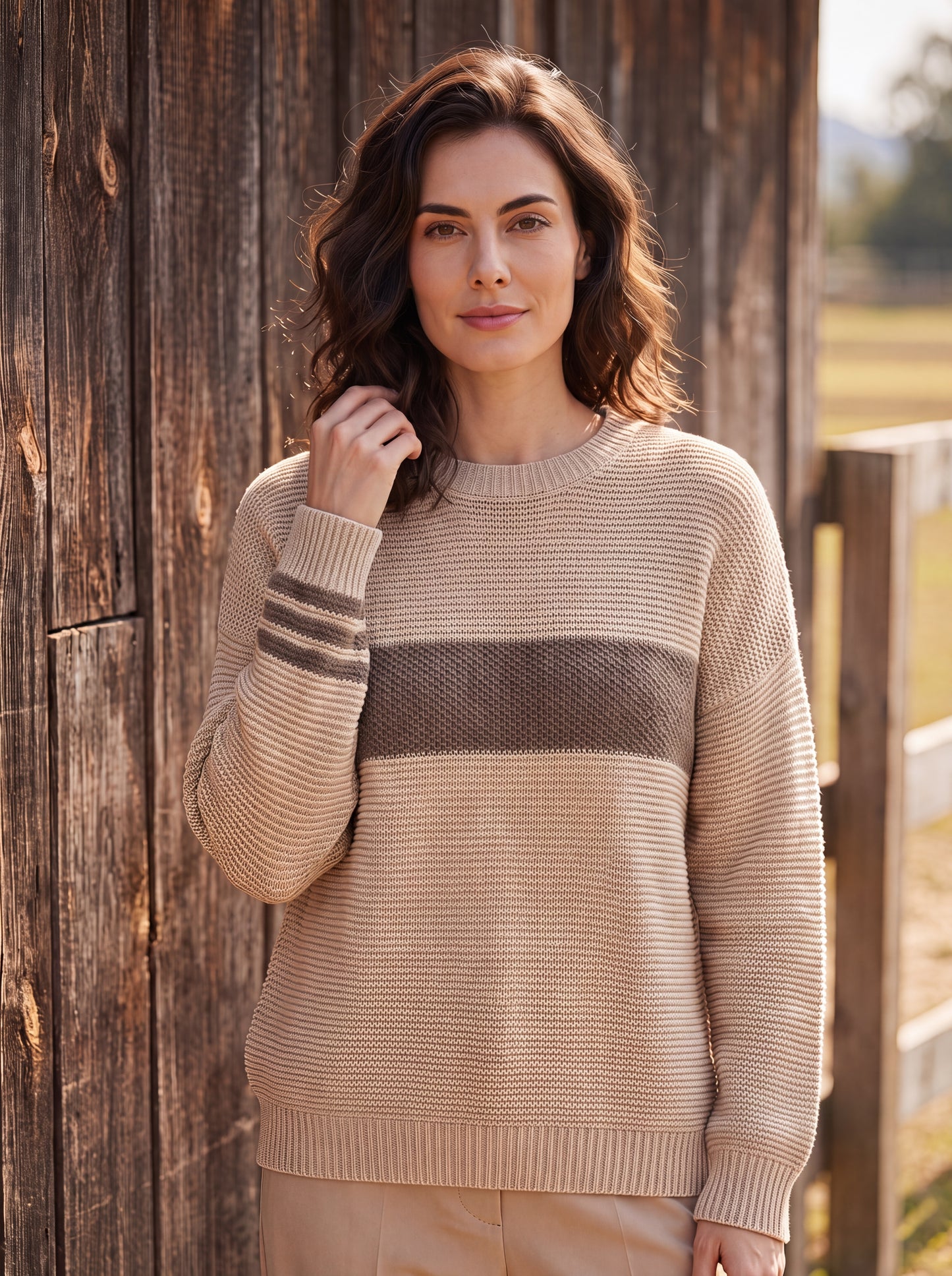 Alashan Undyed Cashmere Block-Striped Crewneck Sweater - Eco-Friendly Relaxed Fit Knit Top
