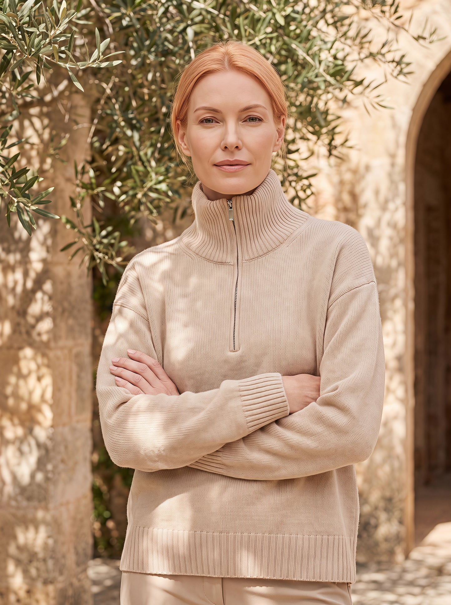 Alashan Undyed Cashmere Quarter-Zip Sweater - Casual Relaxed Collar Knit Top