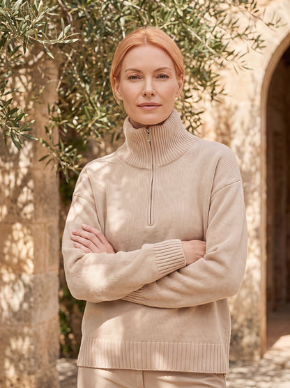 Alashan Undyed Cashmere Quarter-Zip Sweater - Casual Relaxed Collar Knit Top