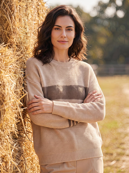 Alashan Undyed Cashmere Block-Striped Crewneck Sweater - Eco-Friendly Relaxed Fit Knit Top