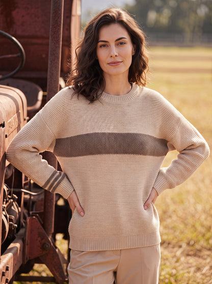 Alashan Undyed Cashmere Block-Striped Crewneck Sweater - Eco-Friendly Relaxed Fit Knit Top