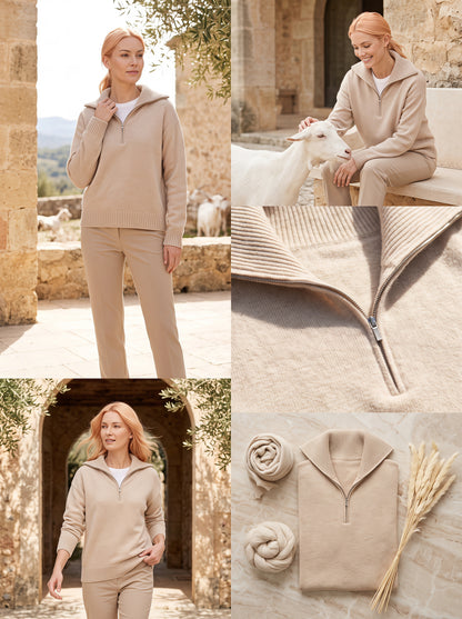 Alashan Undyed Cashmere Quarter-Zip Sweater - Casual Relaxed Collar Knit Top