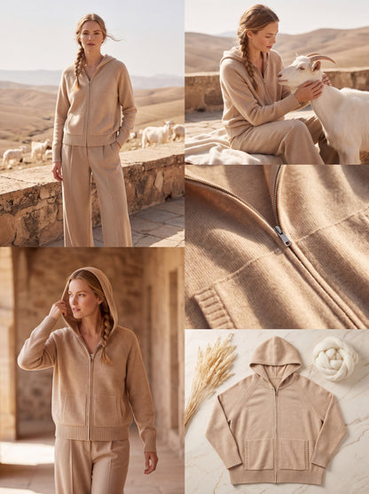 Alashan Undyed Cashmere Full-Zip Hoodie Sweater - Casual Raglan Sleeve Knit Jacket