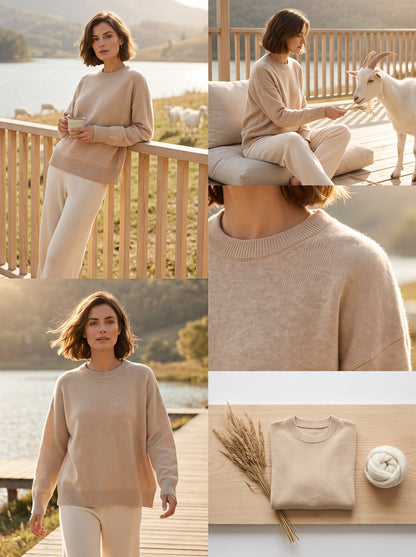 Alashan Undyed Cashmere Relaxed Crewneck Sweater - Dropped Shoulder Knit Top