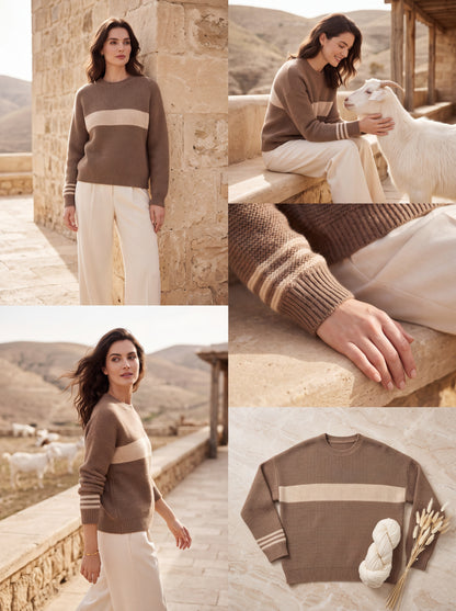 Alashan Undyed Cashmere Block-Striped Crewneck Sweater - Eco-Friendly Relaxed Fit Knit Top
