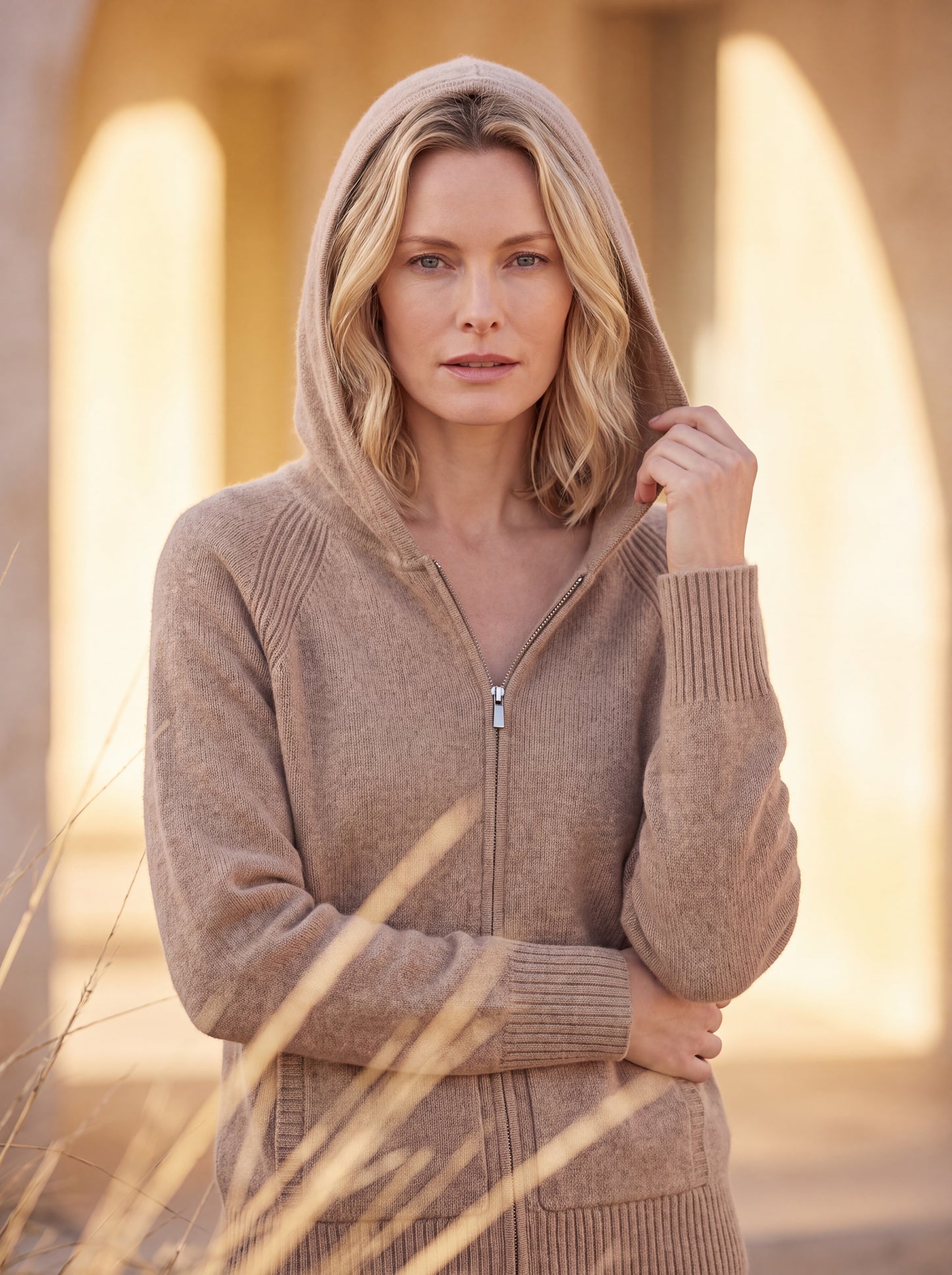 Alashan Undyed Cashmere Full-Zip Hoodie Sweater - Casual Raglan Sleeve Knit Jacket