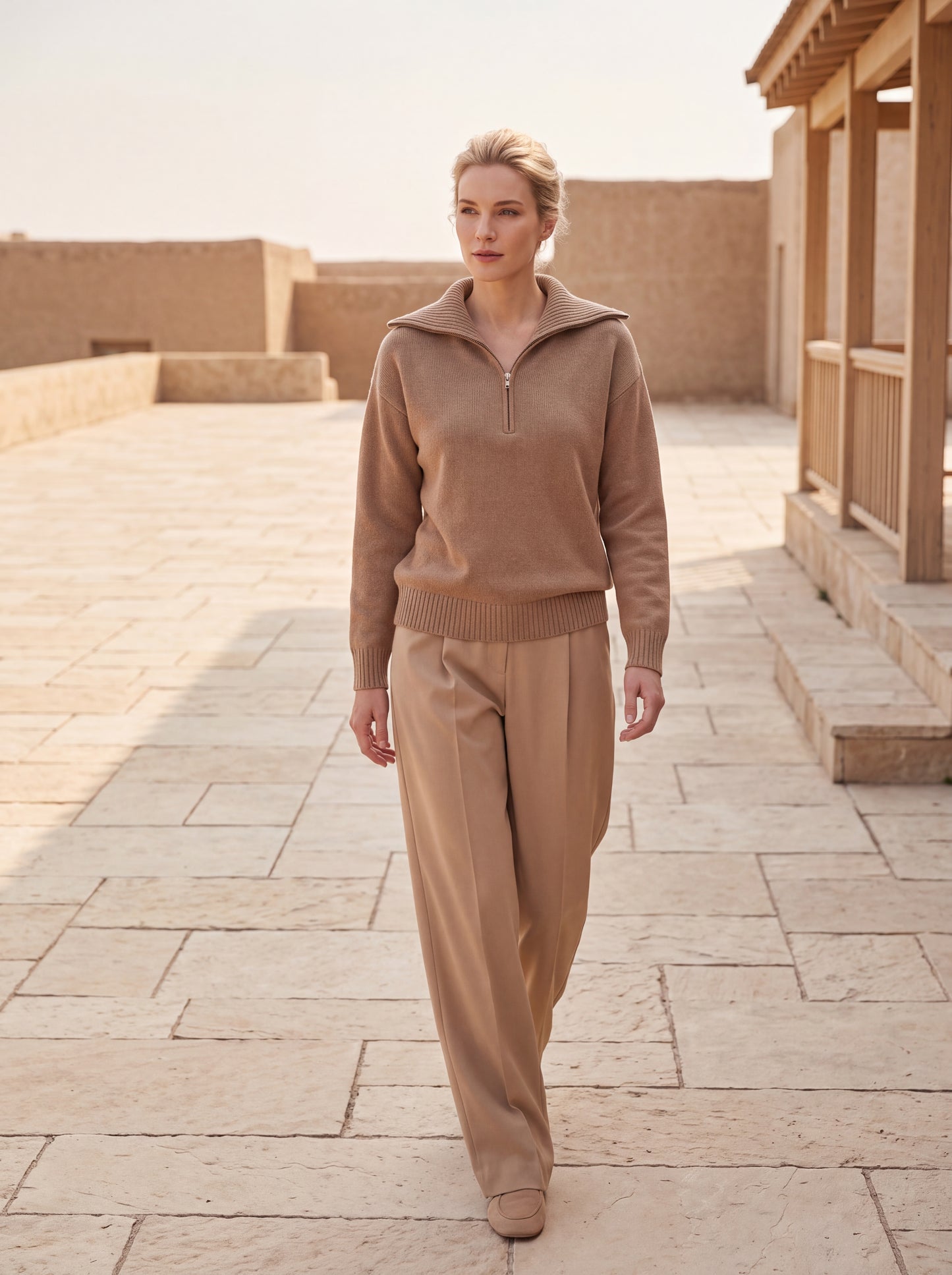 Alashan Undyed Cashmere Quarter-Zip Sweater - Casual Relaxed Collar Knit Top