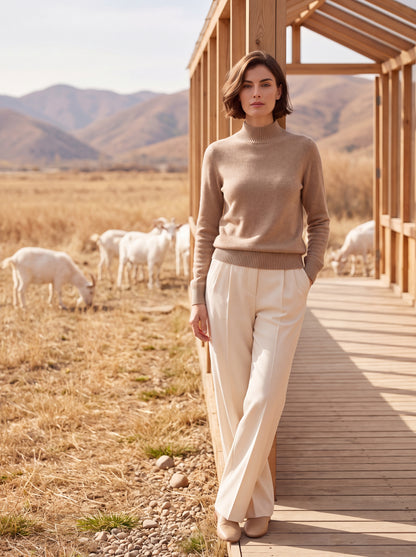Alashan Undyed Cashmere Mock Neck Sweater - Classic Fitted Ribbed Mock Knit Top