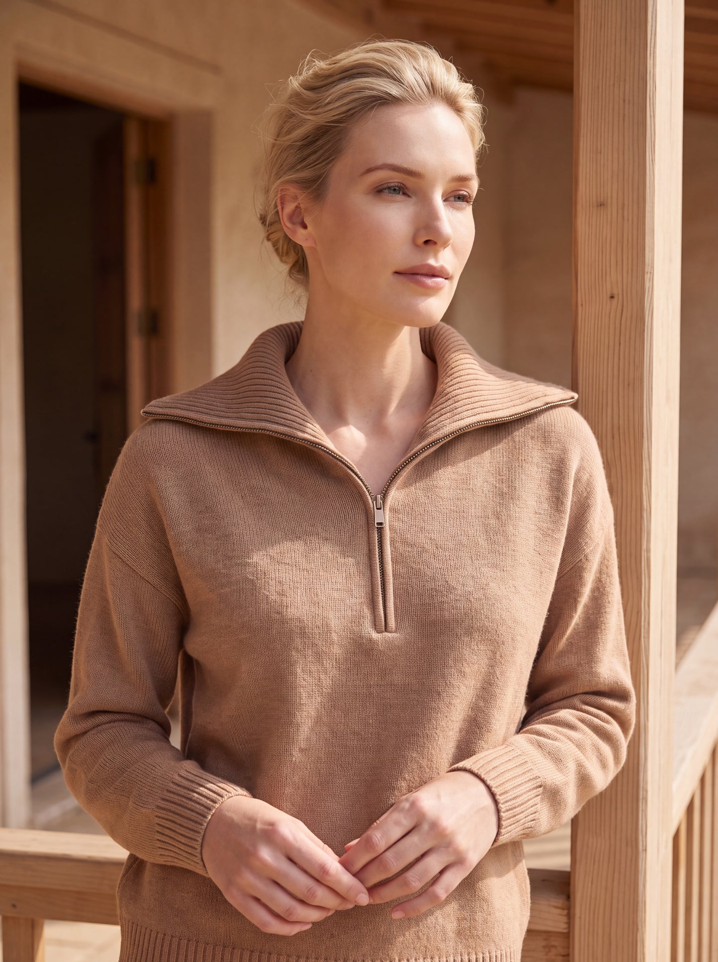 Alashan Undyed Cashmere Quarter-Zip Sweater - Casual Relaxed Collar Knit Top