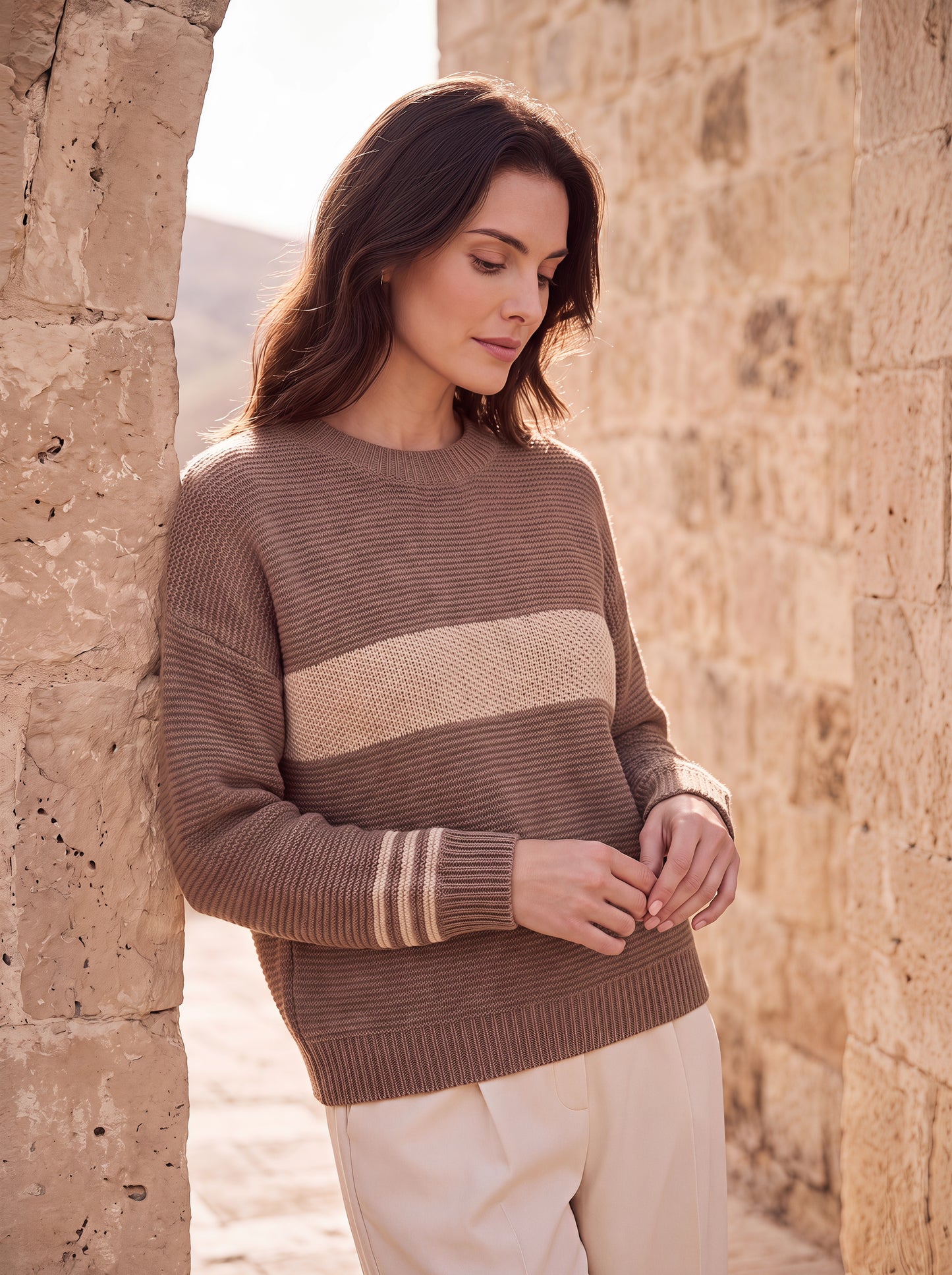 Alashan Undyed Cashmere Block-Striped Crewneck Sweater - Eco-Friendly Relaxed Fit Knit Top