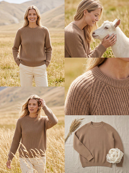 Alashan Undyed Cashmere Chunky Ribbed Crewneck Sweater - Raglan Sleeve Knit Top