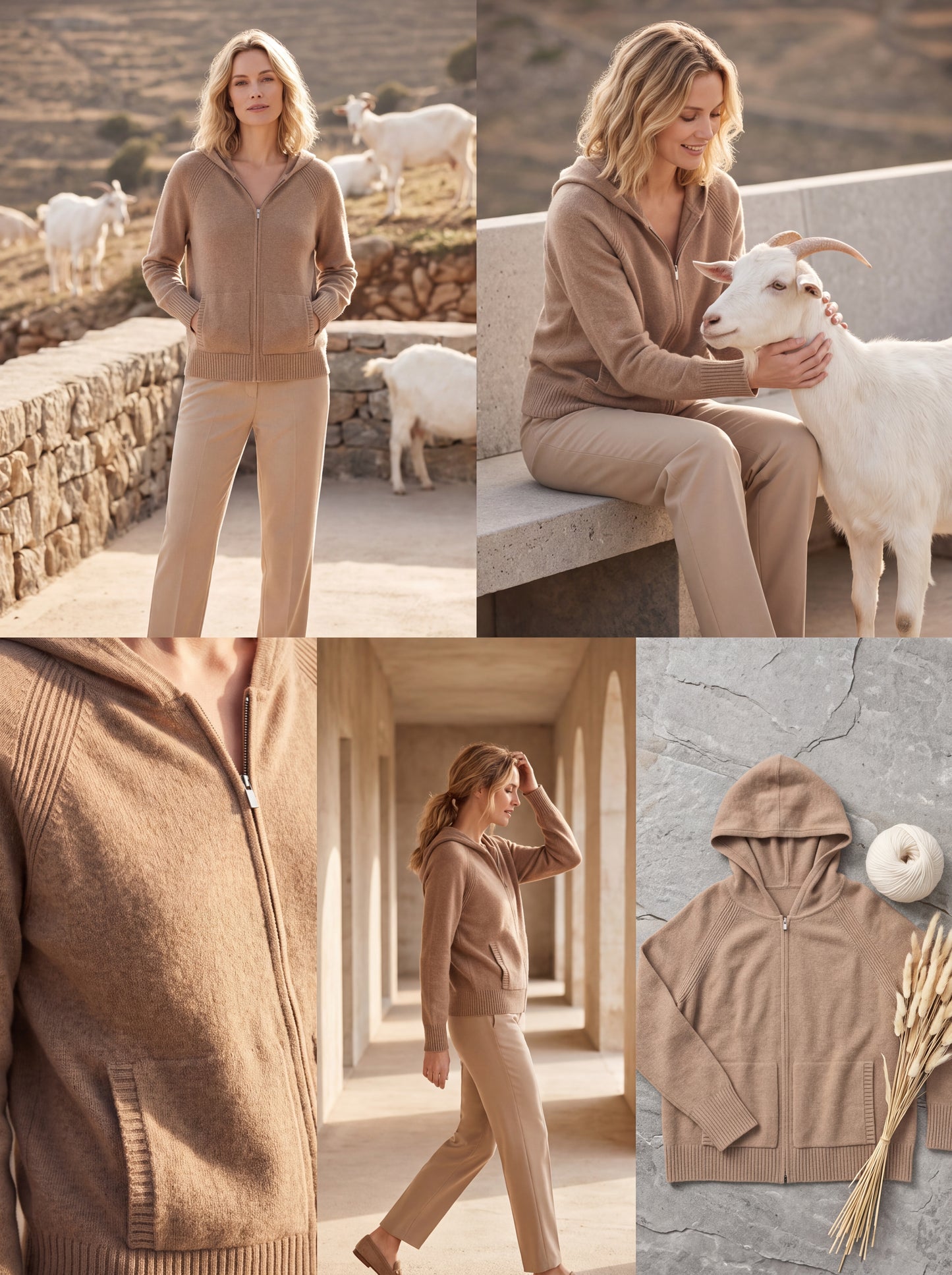Alashan Undyed Cashmere Full-Zip Hoodie Sweater - Casual Raglan Sleeve Knit Jacket