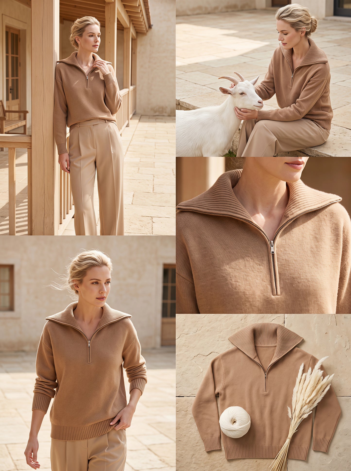Alashan Undyed Cashmere Quarter-Zip Sweater - Casual Relaxed Collar Knit Top
