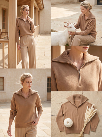 Alashan Undyed Cashmere Quarter-Zip Sweater - Casual Relaxed Collar Knit Top