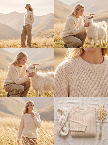 Alashan Undyed Cashmere Chunky Ribbed Crewneck Sweater - Raglan Sleeve Knit Top