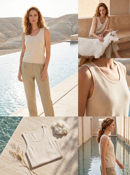 Alashan Undyed Cashmere Scoop Neck Tank Top - Side Ribbed Sleeveless Knit